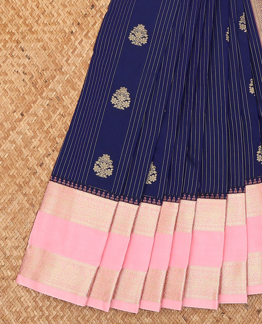 Blue zari buttas and striped budget silk saree, contrast traditional zari design border, and jaal pallu