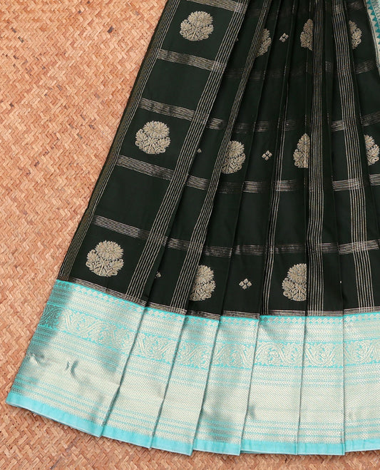 Green Budget Silk Saree, Adorned with Zari Butta Enclosed Checks, Complemented by a Contrast Traditional Zari Border, Jaal Pallu, and Contrast Blouse