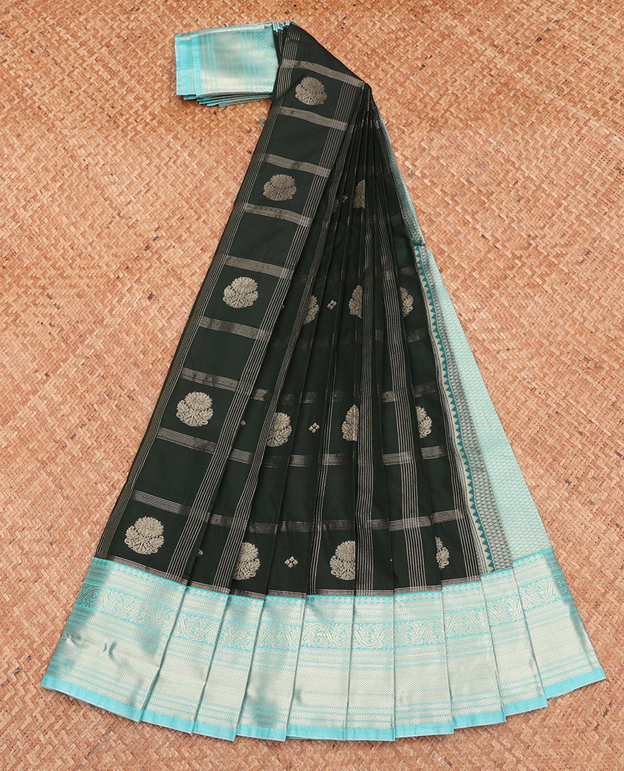 Green Budget Silk Saree, Adorned with Zari Butta Enclosed Checks, Complemented by a Contrast Traditional Zari Border, Jaal Pallu, and Contrast Blouse