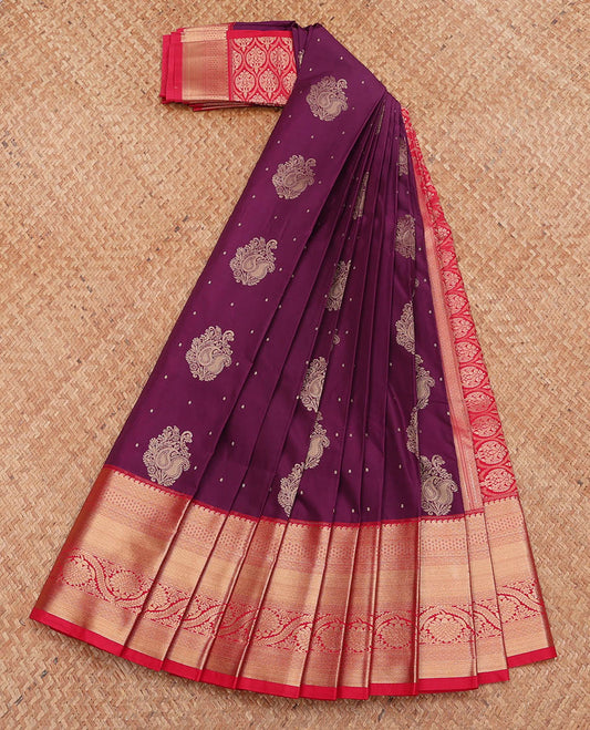Purple Budget Silk Saree, Delicately Woven with Zari Buttas, Complemented by a Contrast Traditional Zari Design Border, Grand Pallu, and a Contrast Blouse
