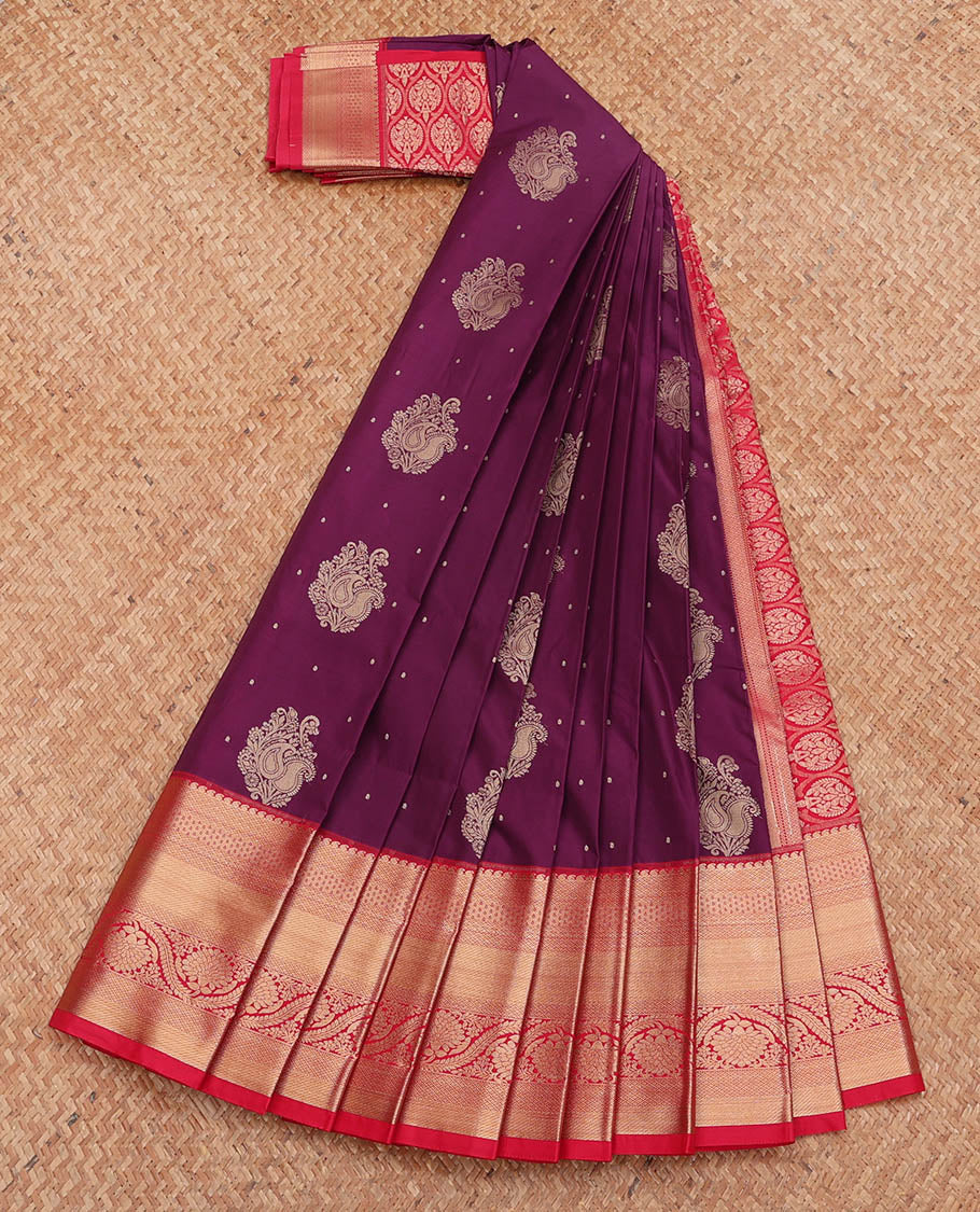 Purple Budget Silk Saree, Delicately Woven with Zari Buttas, Complemented by a Contrast Traditional Zari Design Border, Grand Pallu, and a Contrast Blouse