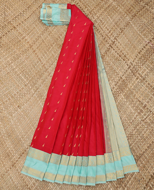 Red Budget Silk Saree Spotlighted with Triangle Zari Buttas, Complemented with a Contrast Traditional Zari Design Rettai Pettu Border, Gleaming Jaal Pallu, and Paired with a Contrast Blouse
