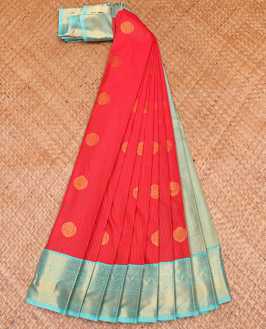 Red Budget Silk Saree, Steeped with Zari Buttas and Stripes All Over Its Body, Complemented by Contrast Traditional Zari Designs Woven Border, Grand Jaal Pallu, and Paired with a Contrast Blouse