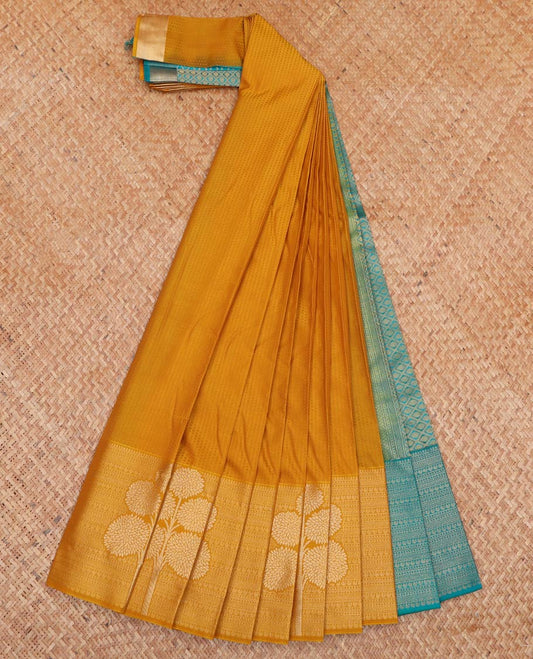 Mustard Embossed Budget Silk Saree, Subtly Woven with Traditional Zari Border of Floral Motifs, Contrast Grand Jaal Pallu and Paired with a Contrast Blouse