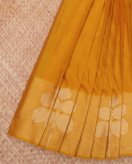 Mustard Embossed Budget Silk Saree, Subtly Woven with Traditional Zari Border of Floral Motifs, Contrast Grand Jaal Pallu and Paired with a Contrast Blouse