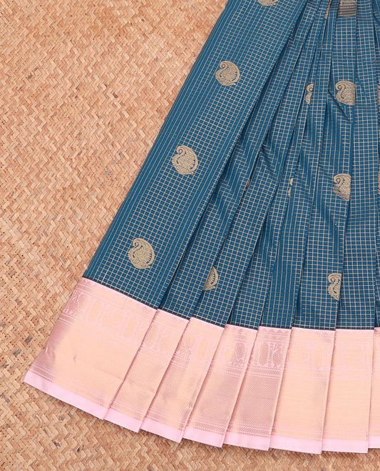 Blue Budget Silk Saree, Detailed with Zari Buttas and Checks, Complemented by Contrast Traditional Zari Border, Zari Pallu, and a Contrast Blouse