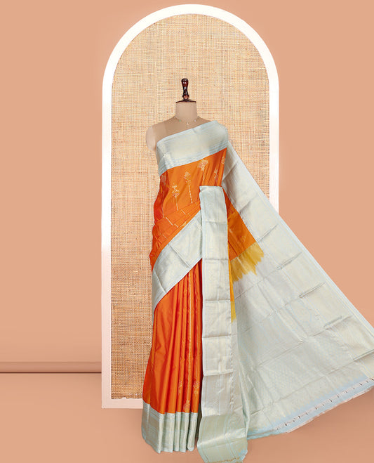 Orange Budget Silk Saree, Steeped in Richness of Zari Buttas on Its Body, Complemented by a Contrast Traditional Zari Design Border, Intricately Designed Pallu, and Paired with a Contrast Blouse