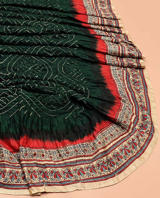 Green ogee theme bandhani dotted bandhani silk saree, contrast border, and pallu of intricate print