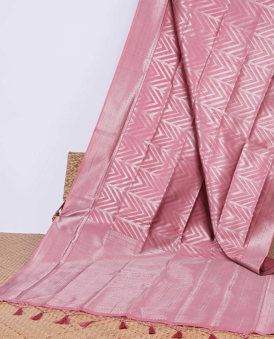Pink geometric design butter silk saree with self floral design border & zari geometric design pallu