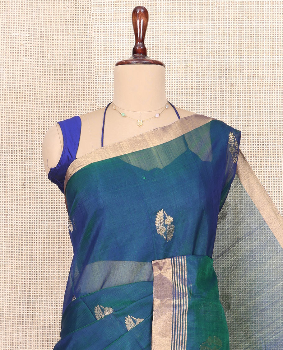 Blue Chanderi Cotton Saree, Featuring Buttas All Over Its Body, Complemented by a Zari Border, Pallu Steeped with Zari Buttas and Stripes, and Paired with a Matching Blouse
