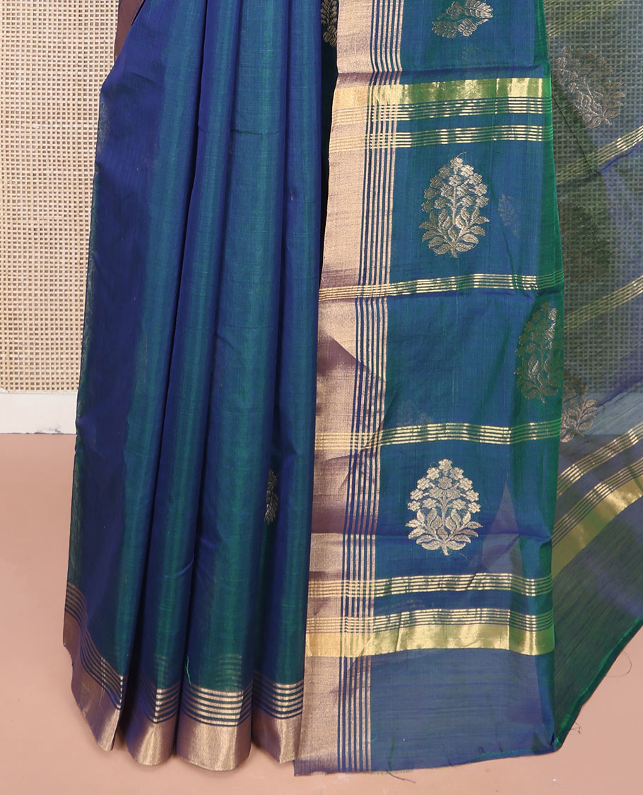 Blue Chanderi Cotton Saree, Featuring Buttas All Over Its Body, Complemented by a Zari Border, Pallu Steeped with Zari Buttas and Stripes, and Paired with a Matching Blouse