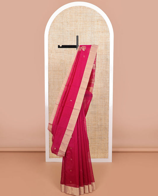Pink floral motifs chanderi cotton saree with self zari design border & striped pallu