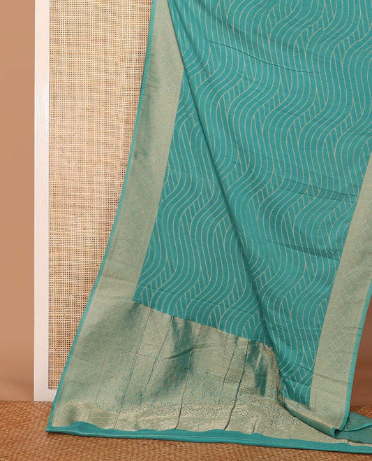 Green zig-zag striped fancy crepe saree, jaal design border & intricate pallu