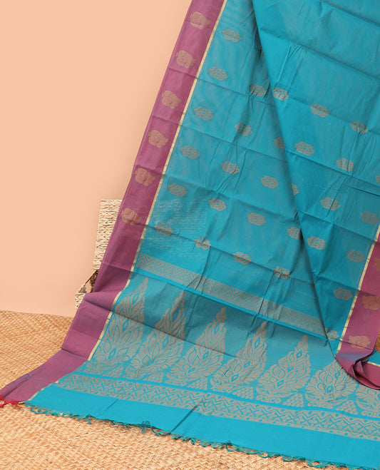 Blue floral motifs kanchi cotton saree with contrast floral design border & floral design pallu