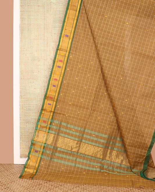 Beige Venkatagiri Cotton Saree, Embellished with Buttas and Checks on Its Body, Complemented by a Contrast Zari and Thread Border, Zari-Striped Pallu, and Comes Without a Blouse