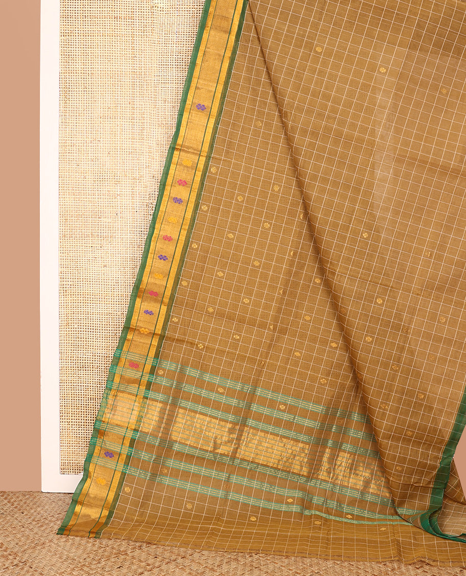 Beige Venkatagiri Cotton Saree, Embellished with Buttas and Checks on Its Body, Complemented by a Contrast Zari and Thread Border, Zari-Striped Pallu, and Comes Without a Blouse