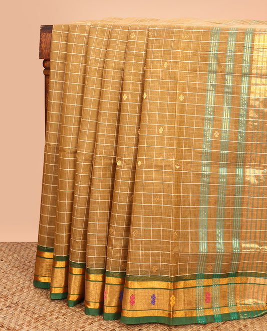 Beige Venkatagiri Cotton Saree, Embellished with Buttas and Checks on Its Body, Complemented by a Contrast Zari and Thread Border, Zari-Striped Pallu, and Comes Without a Blouse