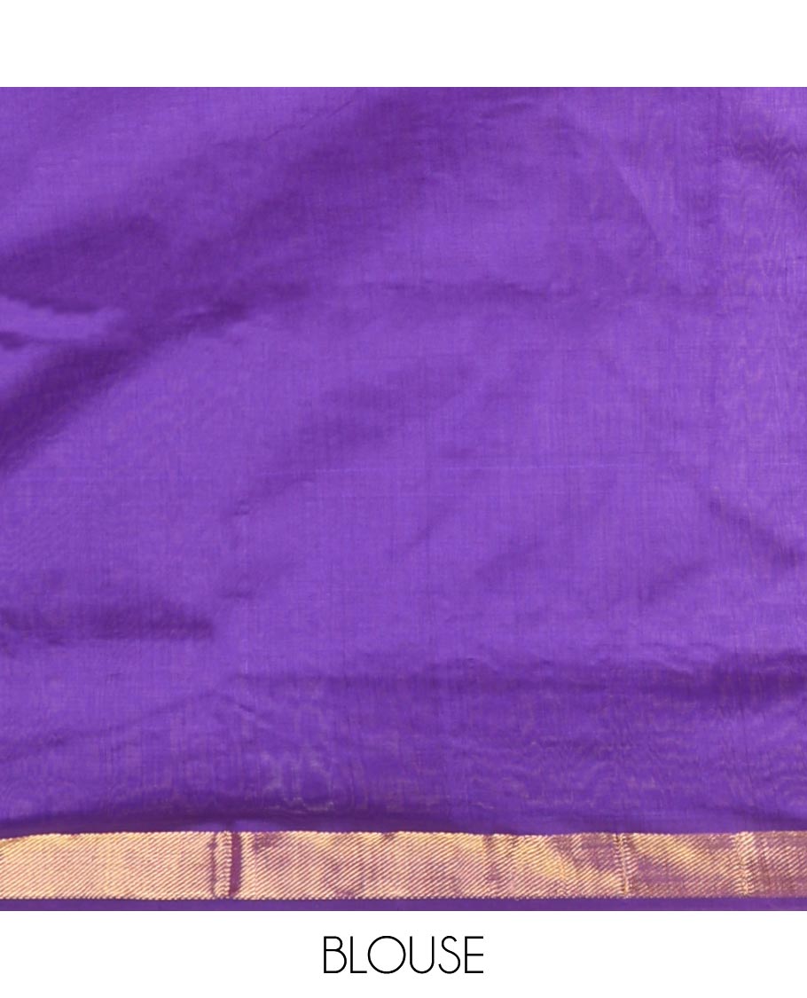 Green Plain Poly Cotton Saree, Complemented by a Contrast Zari Border, Pallu of Stripes, and Paired with a Contrast Blouse