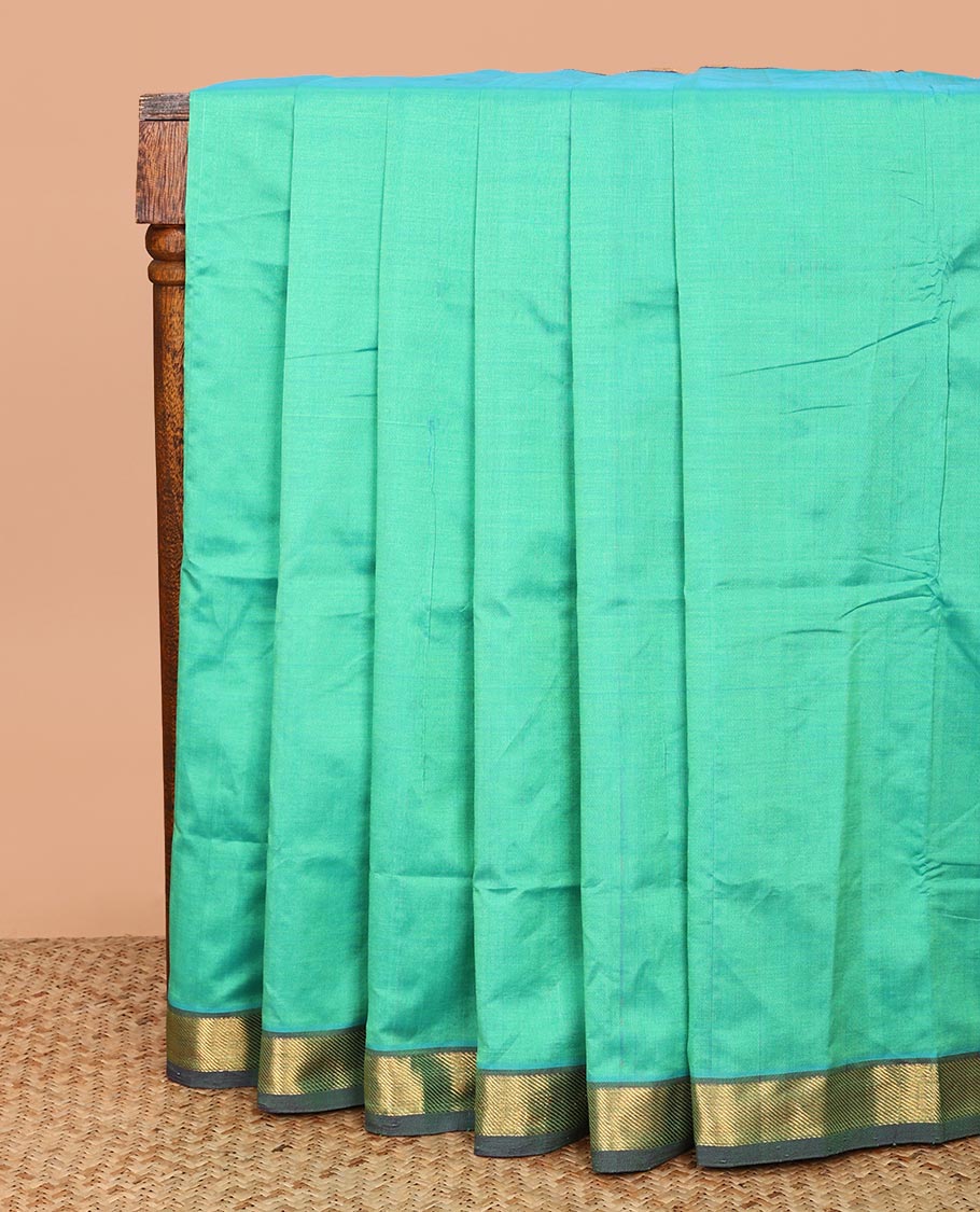 Green Plain Poly Cotton Saree, Complemented by a Contrast Zari Border, Pallu of Stripes, and Paired with a Contrast Blouse