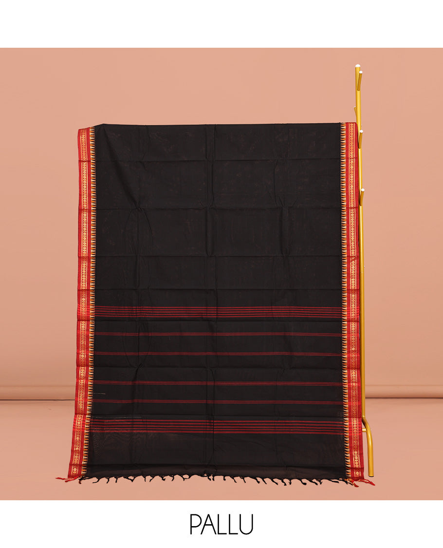 Black Plain Chettinad Cotton Saree, Complemented by a Contrasting Traditional Zari Design Border, a Pallu of Stripes, and Paired with a Matching Blouse