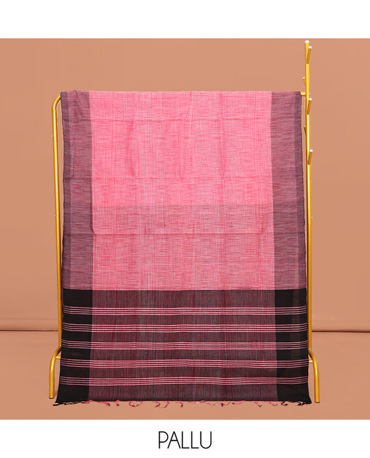 Pink Heathered Textured Mangalgiri Cotton Saree, Complemented by Contrast Border, Striped Pallu, and Paired with a Contrast Blouse