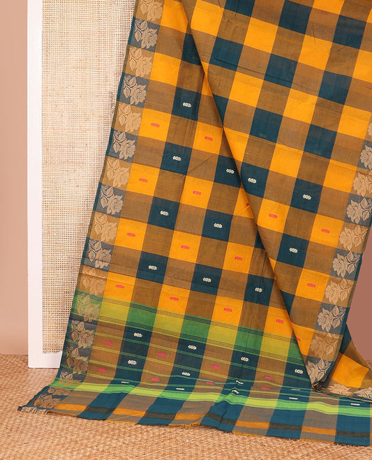 Multi-color checked and buttas Chettinad cotton saree, floral border, and pallu of stripes and buttas