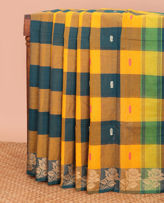 Multi-color checked and buttas Chettinad cotton saree, floral border, and pallu of stripes and buttas