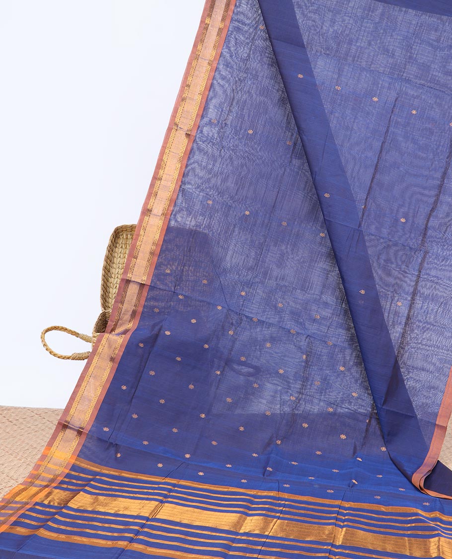 Blue buttas Vengatagiri cotton saree, contrast zari design border & striped pallu