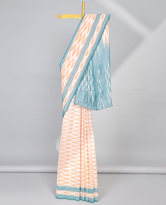 Cream geometric design ikkat cotton saree with contrast border & geometric design pallu