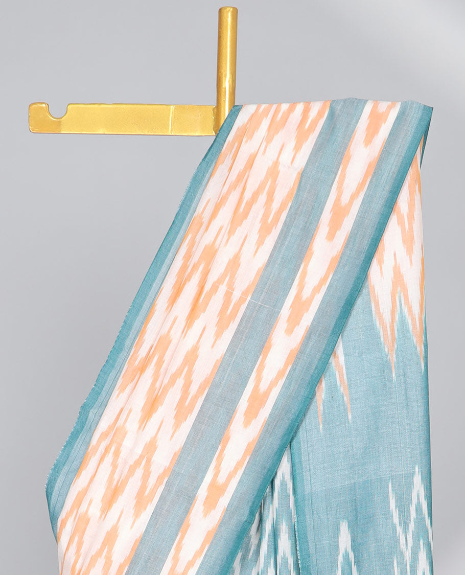 Cream geometric design ikkat cotton saree with contrast border & geometric design pallu