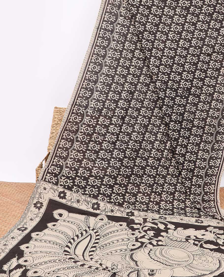 Black batik floral design machine-printed kalamkari cotton saree with contrast border & floral, peacock design pallu