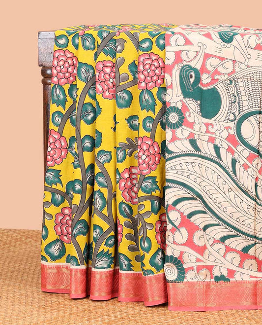 Yellow  floral vine design machine-printed kalamkari cotton saree with contrast zari design border & animal motif pallu