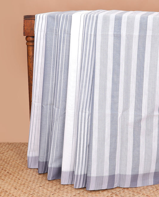 Cream and grey striped jute cotton saree, striped border, and striped pallu