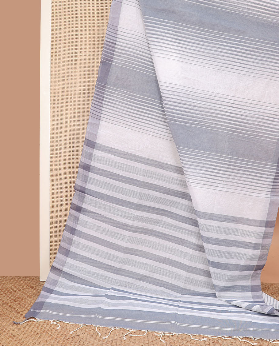 Cream and grey striped jute cotton saree, striped border, and striped pallu