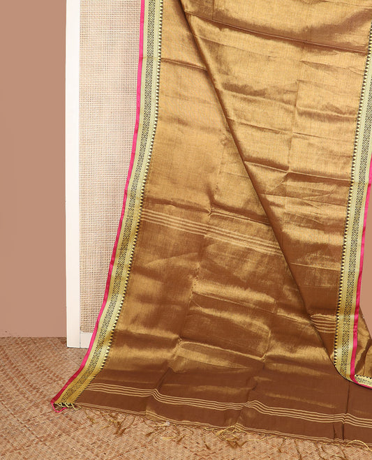 Golden gleaming plain saree, contrast traditional motifs thread woven border, and striped pallu