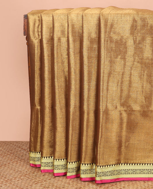 Golden gleaming plain saree, contrast traditional motifs thread woven border, and striped pallu