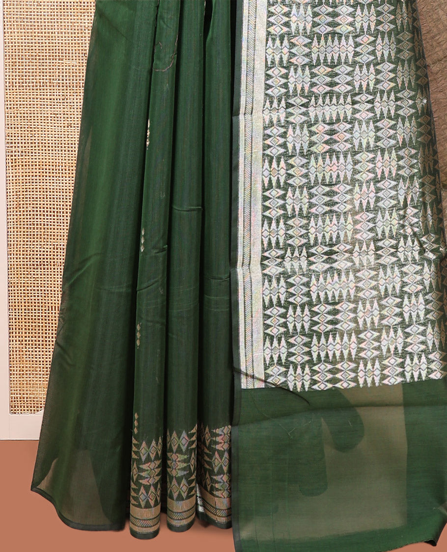 Green Semi-Silk Cotton Saree, Embellished with Buttas All Over Its Body, Highlighted by a Zari Border of Geometric Designs, Pallu of Geometric Designs, and Paired with a Matching Blouse