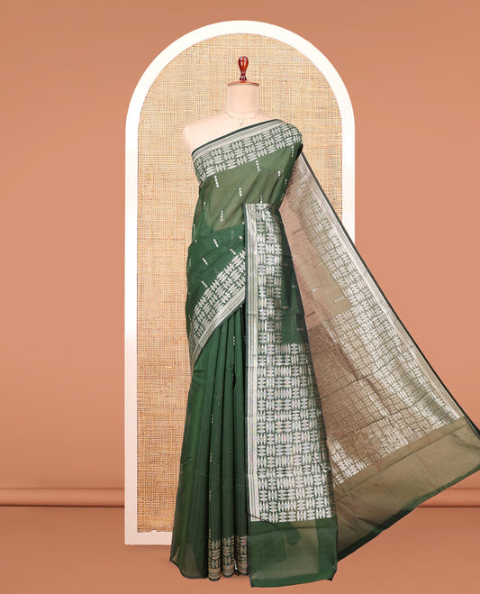 Green Semi-Silk Cotton Saree, Embellished with Buttas All Over Its Body, Highlighted by a Zari Border of Geometric Designs, Pallu of Geometric Designs, and Paired with a Matching Blouse