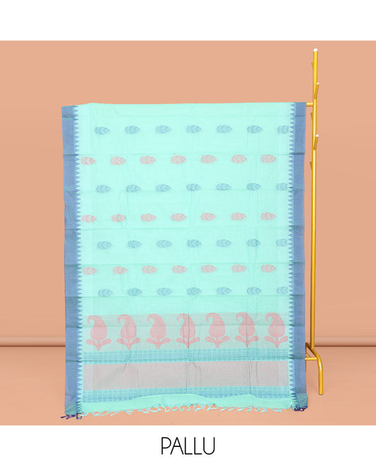Blue Chettinad Cotton Saree, Adorned with Buttas All Over Its Body, Complemented by a Contrast Temple Border, Pallu of Paisleys, and Paired with a Matching Blouse