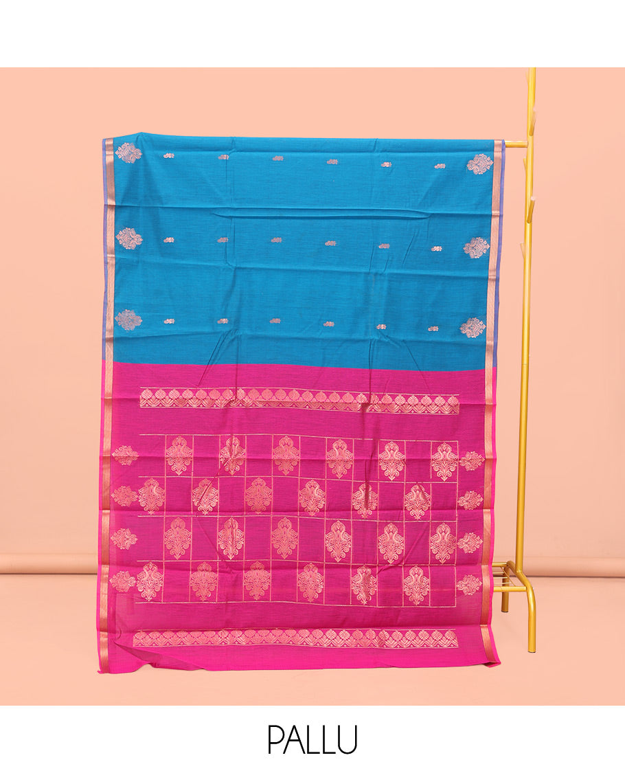 Blue Semi-Silk Cotton Saree, Enthralled with Zari Buttas All Over Its Body, a Subtle Zari Piping Border, Complemented by Contrast Pallu of Zari Butta Enclosed Checked Design, and Paired with a Contrast Blouse