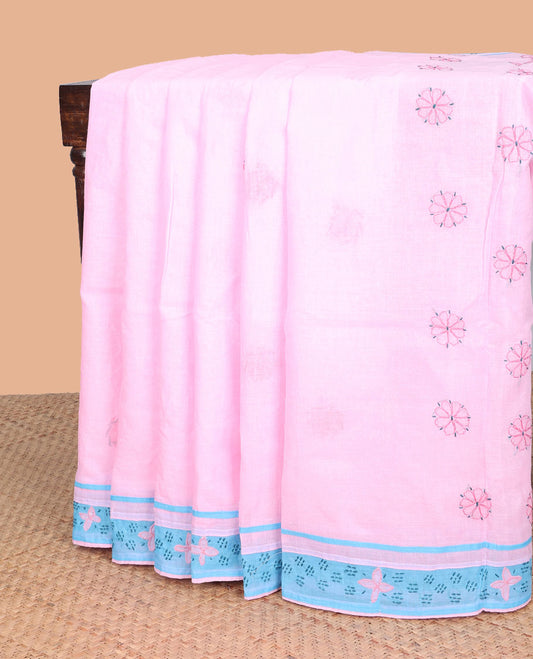 Pink floral embroidery lucknowi chikankari cotton saree, contrast floral border & floral, paisley embroidery pallu
