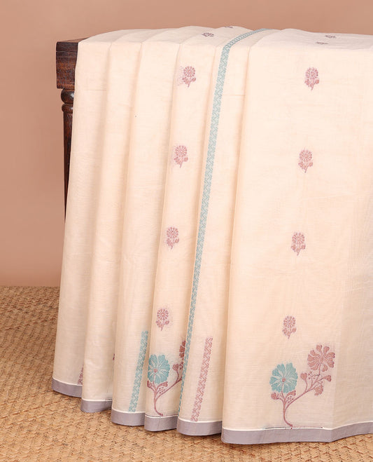 Off-white all-over floral design coimbatore cotton saree with contrast plain border