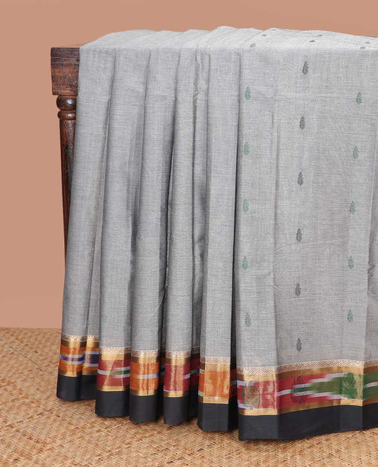 Grey floral design kanchi cotton saree with contrast zari border & floral design pallu