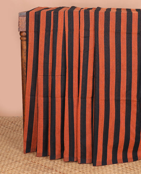 Borderless black & rust color striped Kadhi cotton saree, plain design pallu