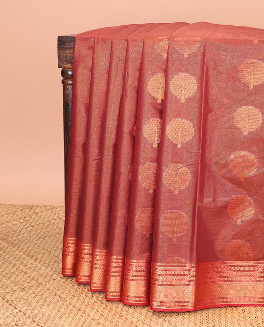 Red tree motifs semisilk cotton saree with self intricate zari design border & geometric design pallu
