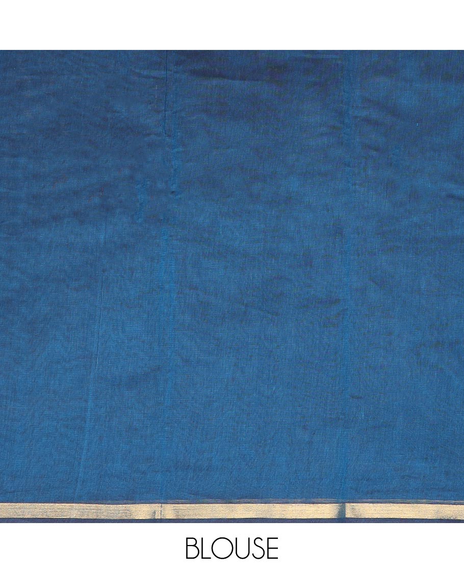 Blue  floral motifs kanchi cotton saree with self zari border & checked floral design pallu