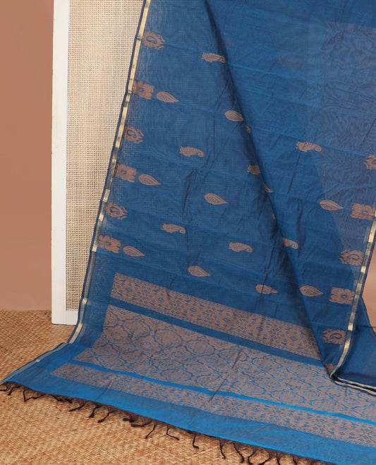 Blue  floral motifs kanchi cotton saree with self zari border & checked floral design pallu