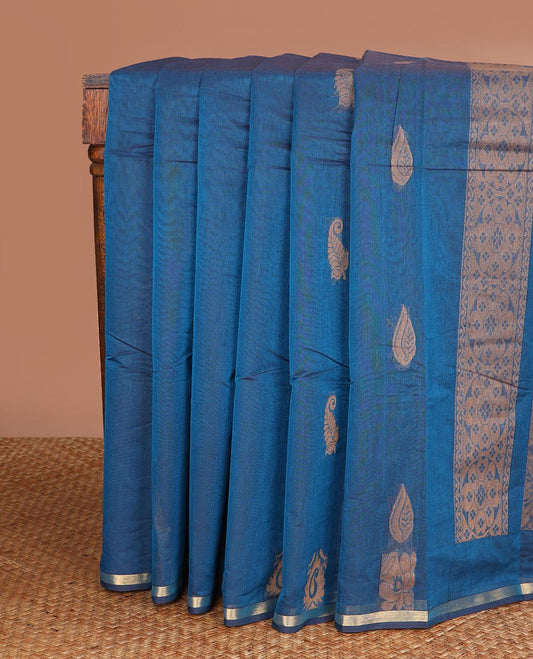 Blue  floral motifs kanchi cotton saree with self zari border & checked floral design pallu