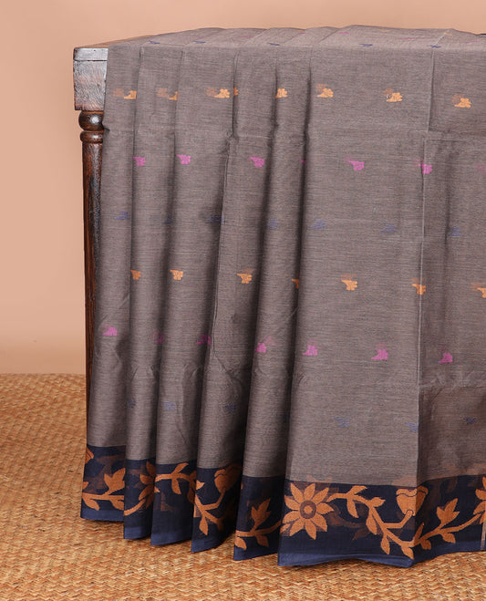 Dark grey motifs bengal cotton saree with contrast floral design border & striped, floral motifs pallu