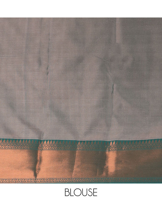 Grey jacquard semi-silk cotton saree, contrast traditional zari border & intricate pallu